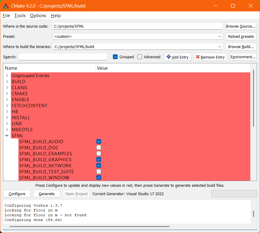 Screenshot of the cmake-gui window after configure