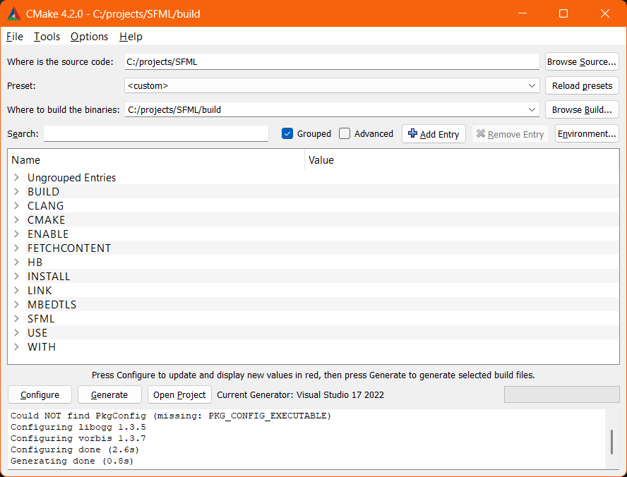 Screenshot of the cmake-gui window after generate