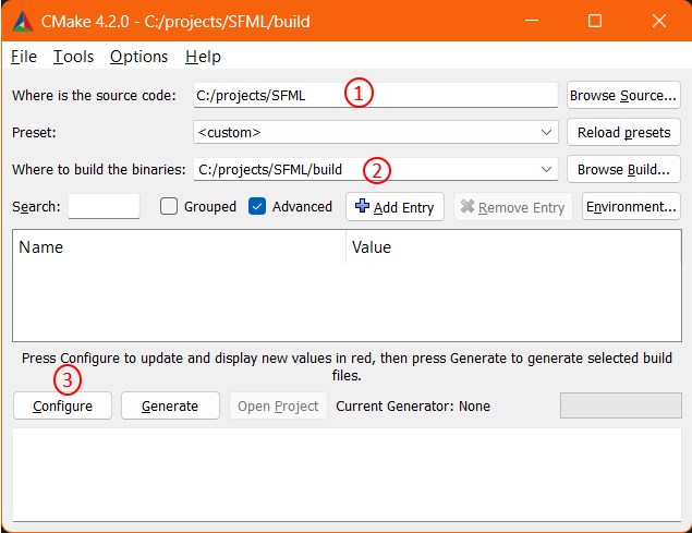 Screenshot of the cmake-gui tool